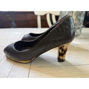 Brown Leather Peep Toe 3" Pumps Tortoise Patterned Heel & Platform. Boho Glam 8M